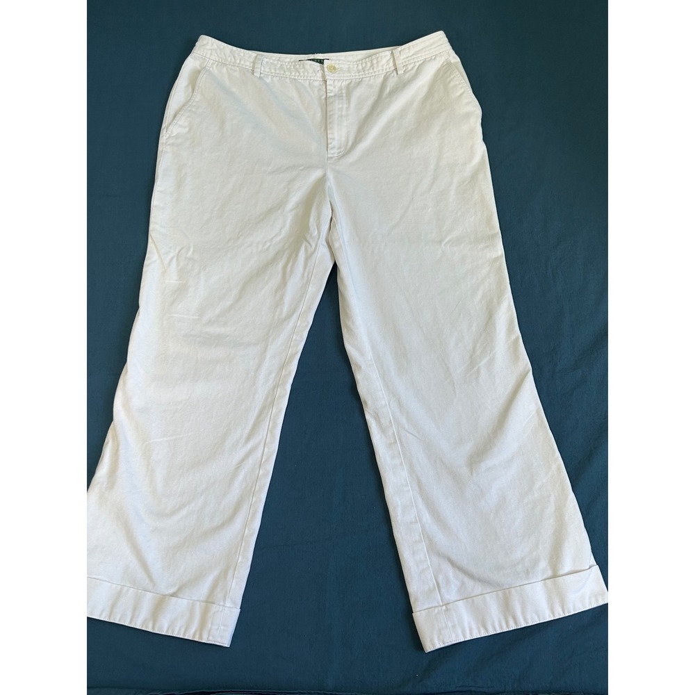 Lauren Ralph Lauren Womens White Cotton Wide Leg Cuffed Trousers Pants Size 16